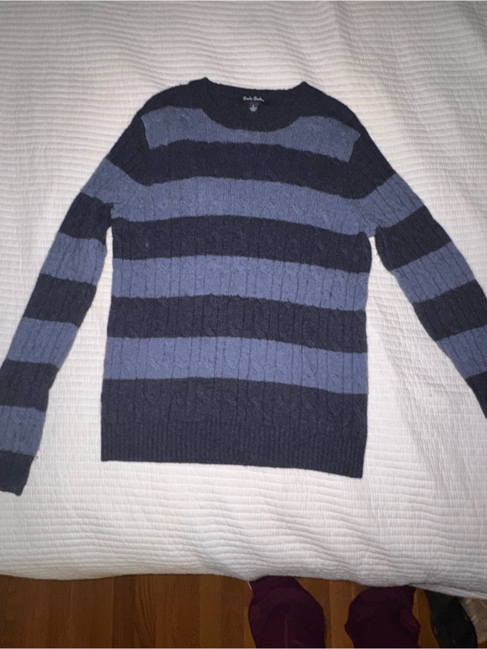 Brooks Brothers Navy and Slate Blue Striped Merino Wool Cable-Knit Sweater